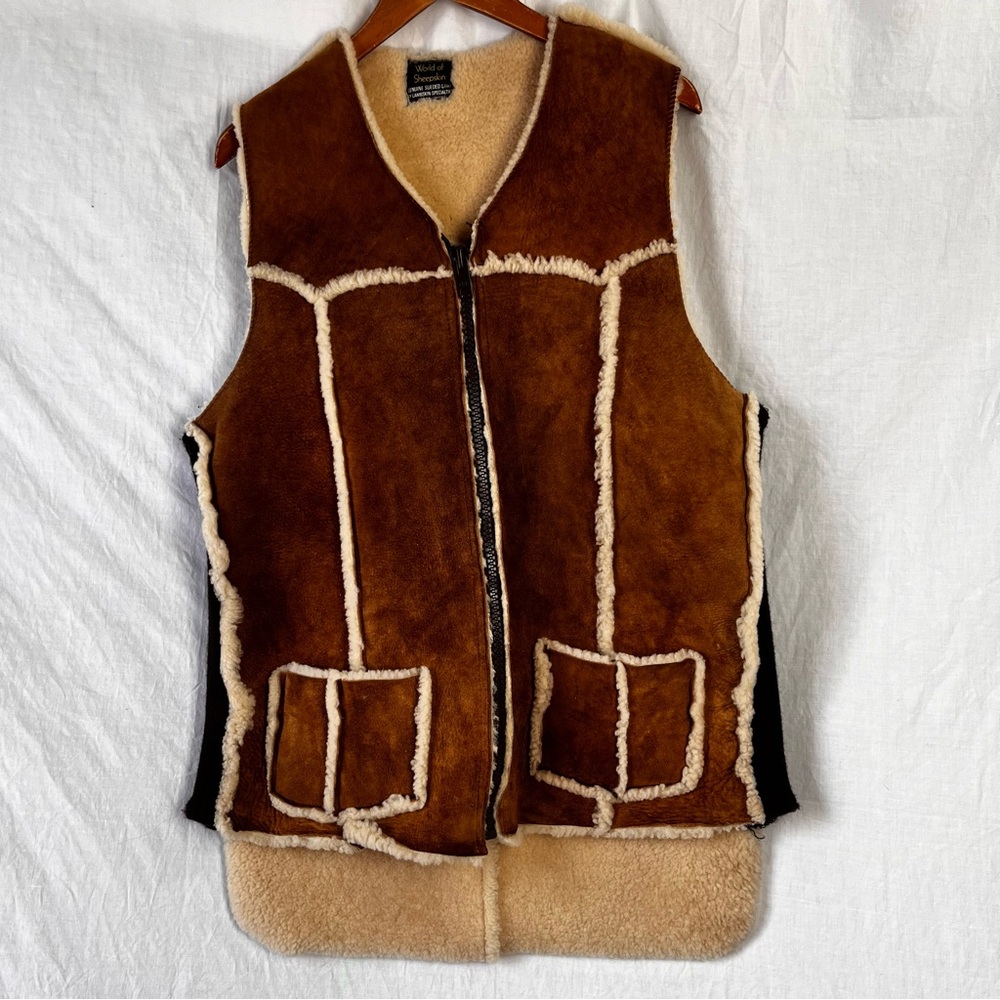 Vintage Sheep Shearling Suede Lambskin Wool Vest Canadian Made Full Zip Mens 42